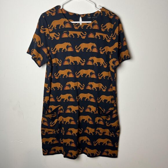 Marc by Marc Jacobs Dress Womens Large Navy Orange Animal Print Pockets Cotton - Picture 1 of 7